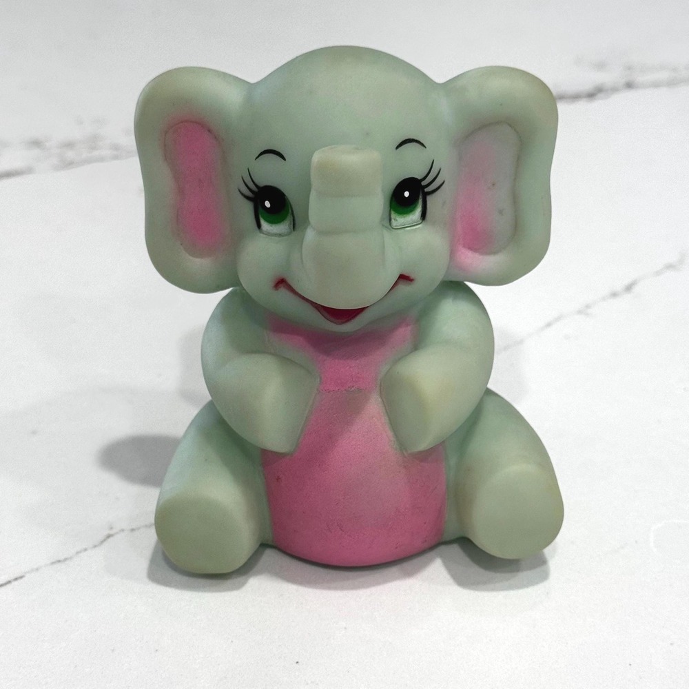 Vintage Rubber Elephant Squeaky Toy - Stahlwood Green & Pink Nursery Decor